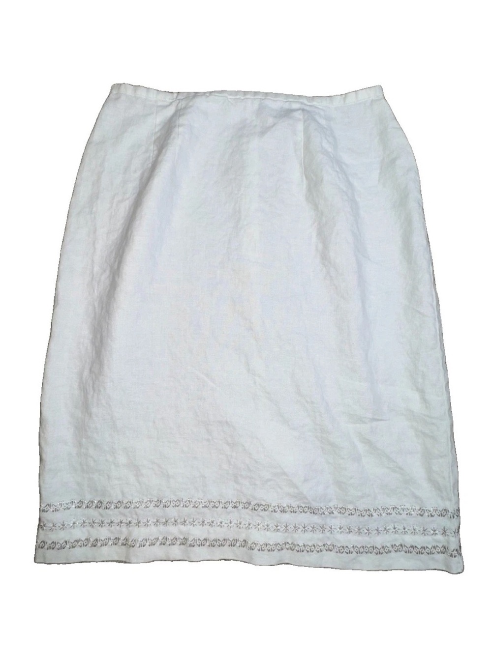 VTG 90s Norton McNaughton 100% Linen Skirt Sz L Ivory Embroidered Modest Coastal